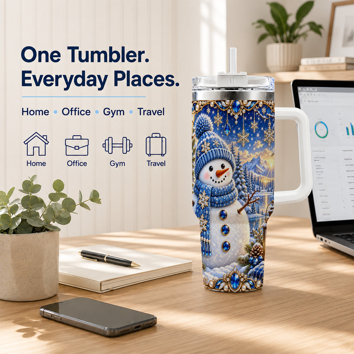 #pl[40oz|White] Jeweled Snowman 40oz Tumbler with Handle, Winter Stainless Steel Travel Cup