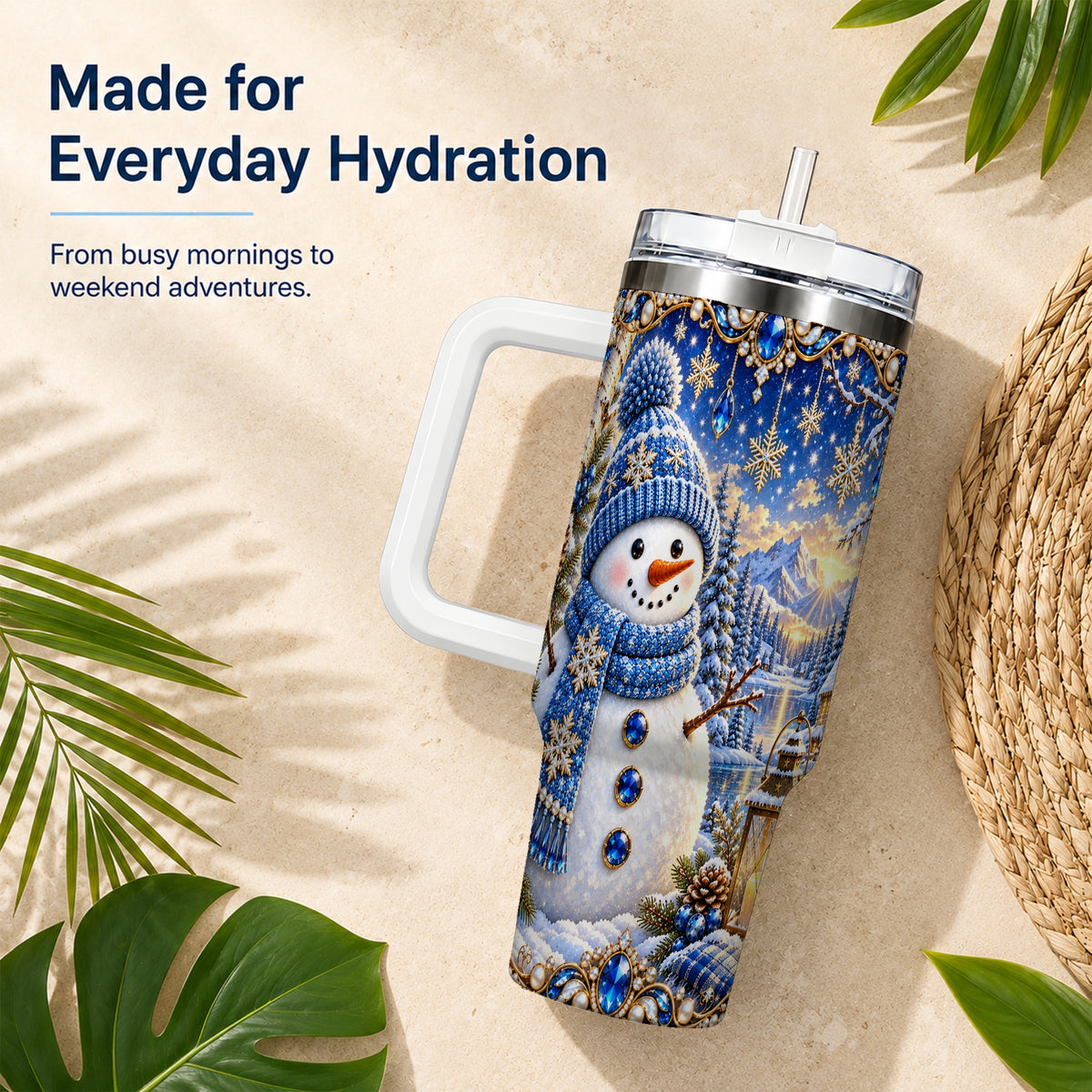 #pl[40oz|White] Jeweled Snowman 40oz Tumbler with Handle, Winter Stainless Steel Travel Cup