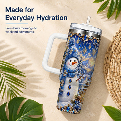 #pl[40oz|White] Jeweled Snowman 40oz Tumbler with Handle, Winter Stainless Steel Travel Cup