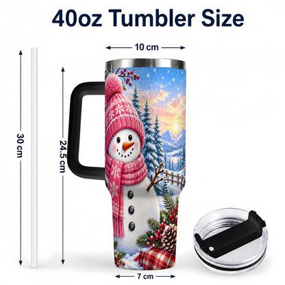 #pl[40oz|Black] Pink Snowman 40oz Tumbler with Handle, Winter Stainless Steel Travel Cup