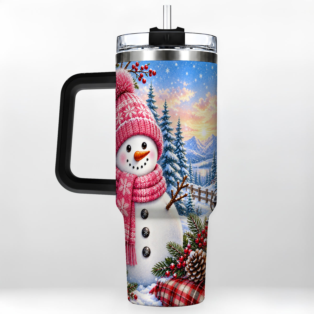 #pl[40oz|Black] Pink Snowman 40oz Tumbler with Handle, Winter Stainless Steel Travel Cup