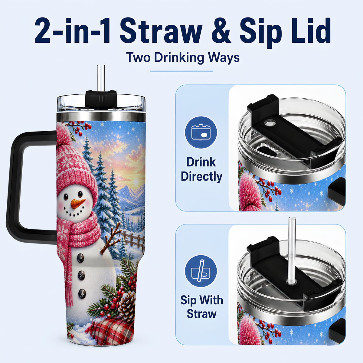#pl[40oz|Black] Pink Snowman 40oz Tumbler with Handle, Winter Stainless Steel Travel Cup