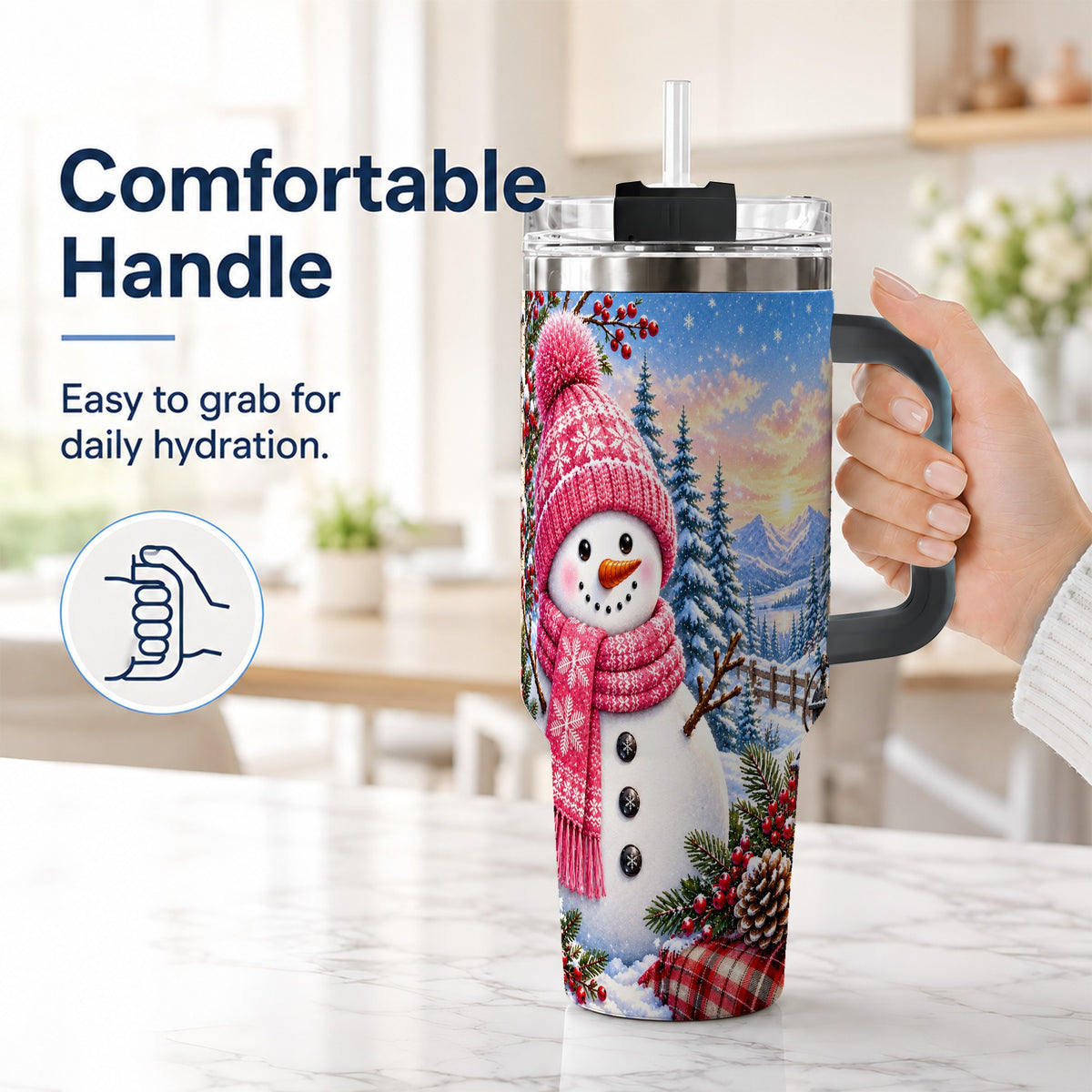 #pl[40oz|Black] Pink Snowman 40oz Tumbler with Handle, Winter Stainless Steel Travel Cup