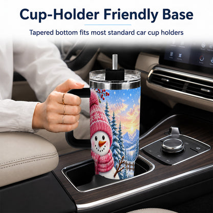 #pl[40oz|Black] Pink Snowman 40oz Tumbler with Handle, Winter Stainless Steel Travel Cup