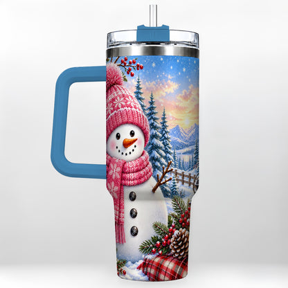 #pl[40oz|Blue] Pink Snowman 40oz Tumbler with Handle, Winter Stainless Steel Travel Cup