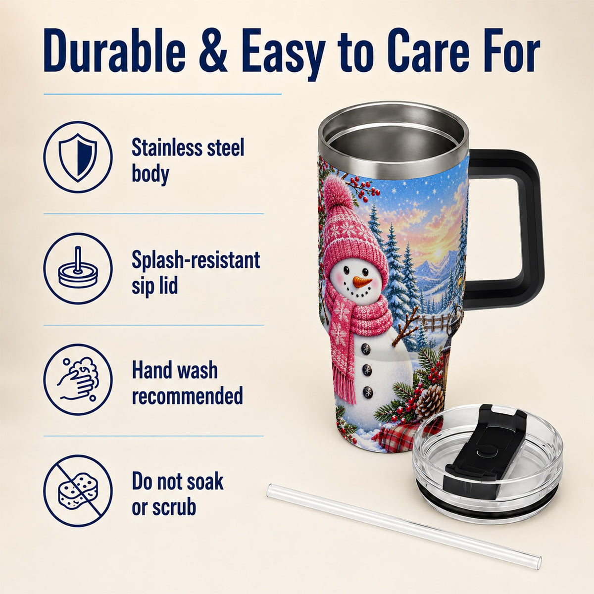 #pl[40oz|Black] Pink Snowman 40oz Tumbler with Handle, Winter Stainless Steel Travel Cup