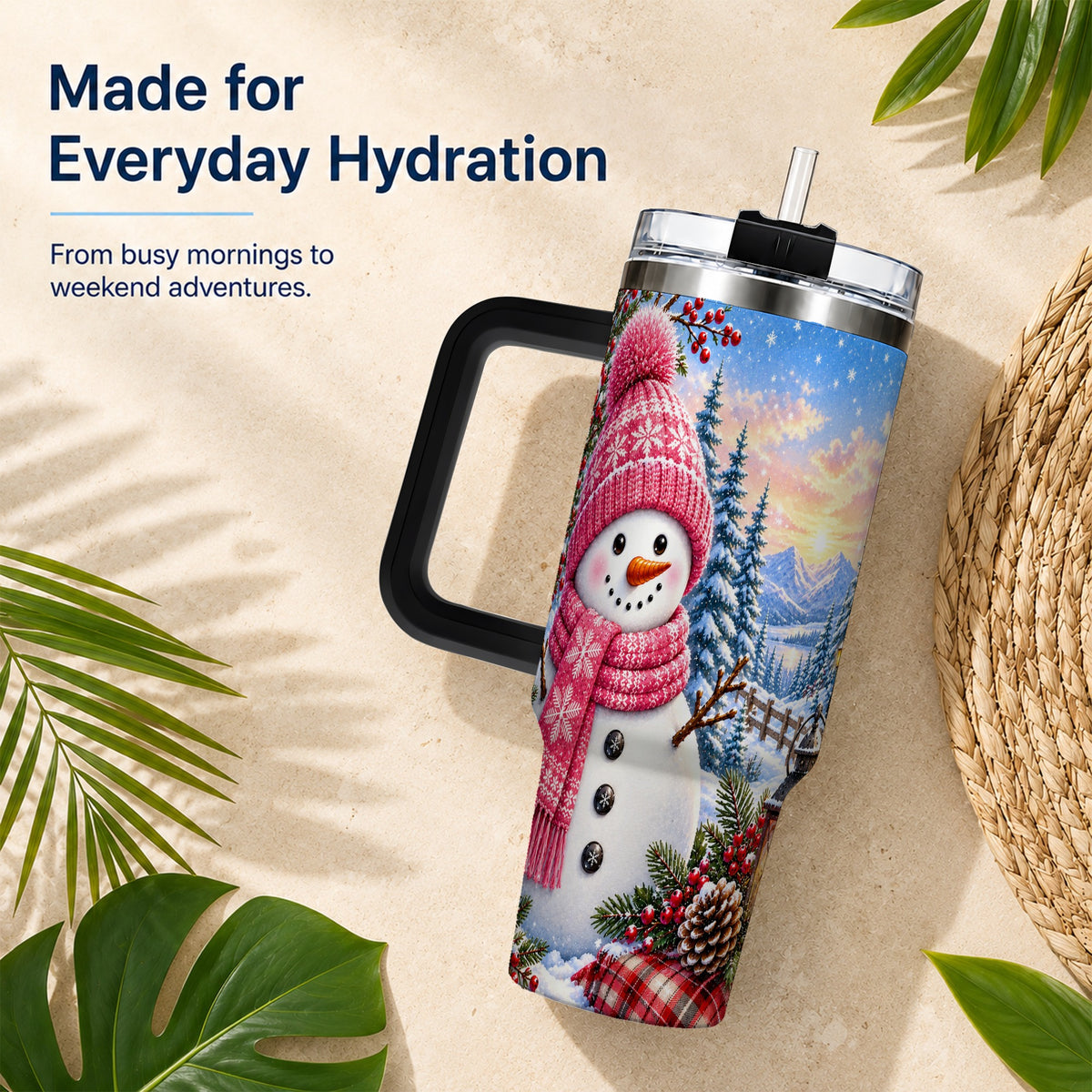 #pl[40oz|Black] Pink Snowman 40oz Tumbler with Handle, Winter Stainless Steel Travel Cup