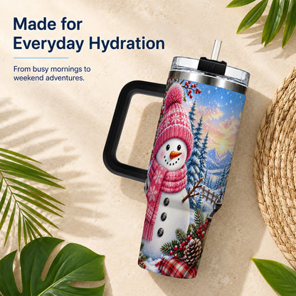 #pl[40oz|Black] Pink Snowman 40oz Tumbler with Handle, Winter Stainless Steel Travel Cup