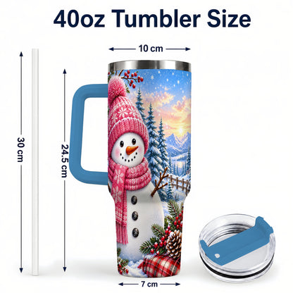 #pl[40oz|Blue] Pink Snowman 40oz Tumbler with Handle, Winter Stainless Steel Travel Cup