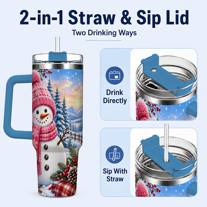 #pl[40oz|Blue] Pink Snowman 40oz Tumbler with Handle, Winter Stainless Steel Travel Cup
