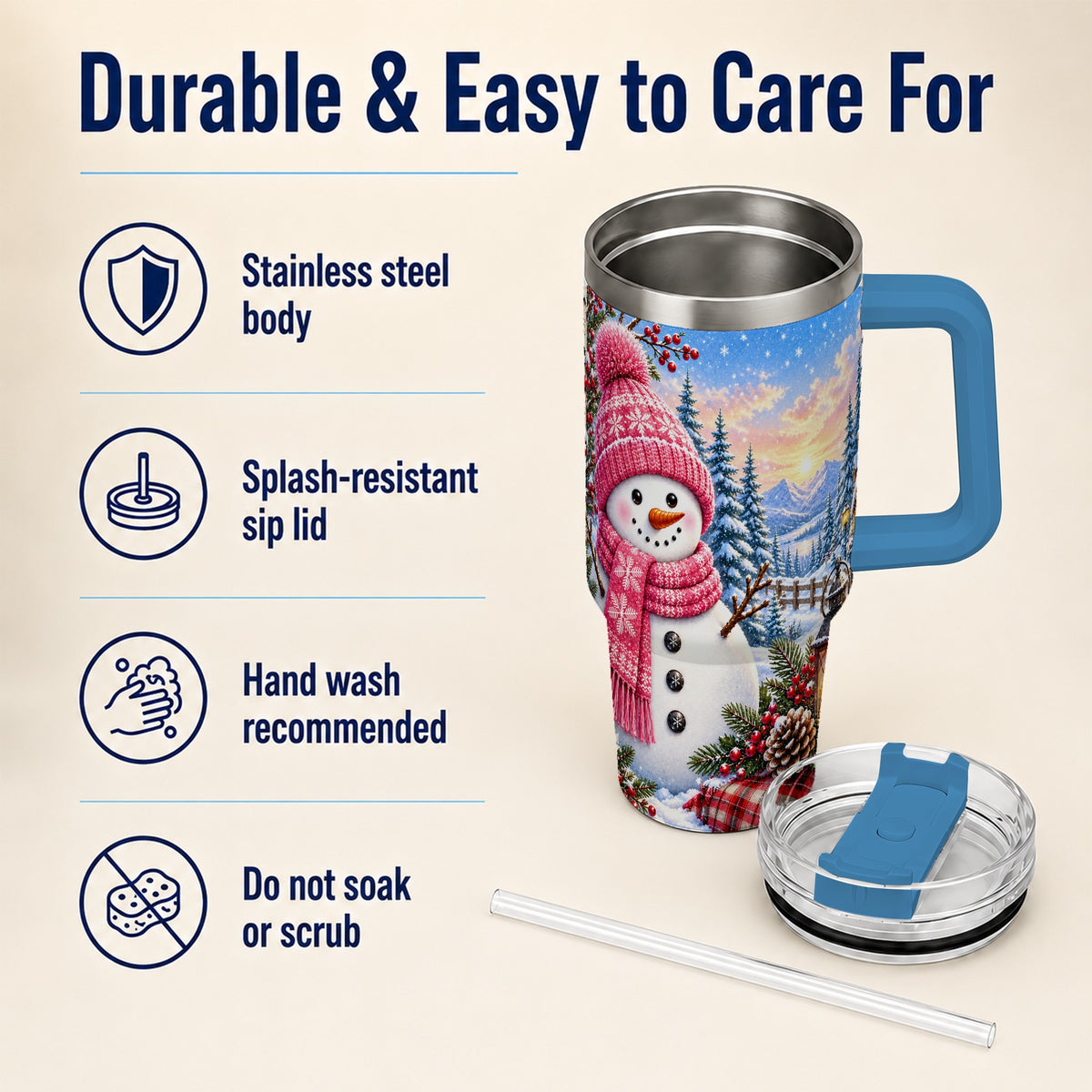 #pl[40oz|Blue] Pink Snowman 40oz Tumbler with Handle, Winter Stainless Steel Travel Cup