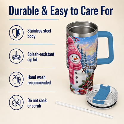 #pl[40oz|Blue] Pink Snowman 40oz Tumbler with Handle, Winter Stainless Steel Travel Cup