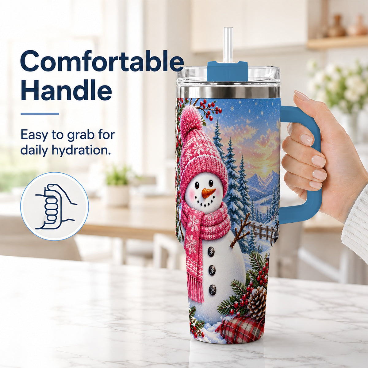 #pl[40oz|Blue] Pink Snowman 40oz Tumbler with Handle, Winter Stainless Steel Travel Cup