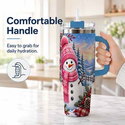 #pl[40oz|Blue] Pink Snowman 40oz Tumbler with Handle, Winter Stainless Steel Travel Cup