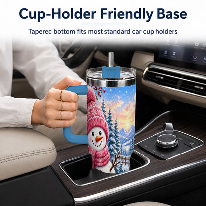 #pl[40oz|Blue] Pink Snowman 40oz Tumbler with Handle, Winter Stainless Steel Travel Cup