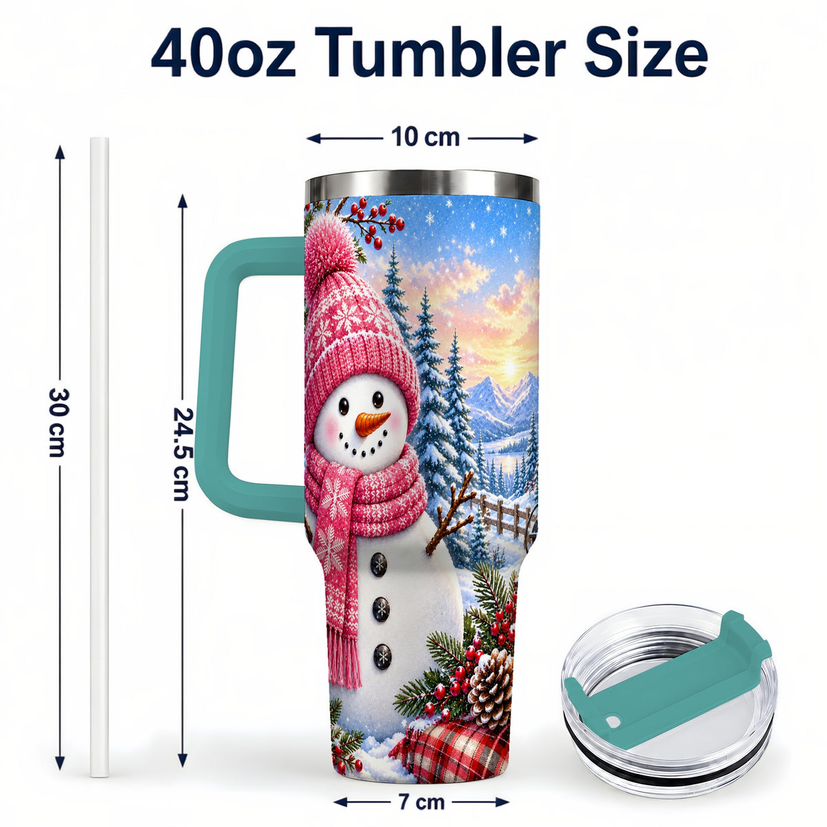 #pl[40oz|Green] Pink Snowman 40oz Tumbler with Handle, Winter Stainless Steel Travel Cup