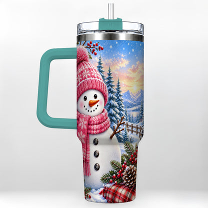 #pl[40oz|Green] Pink Snowman 40oz Tumbler with Handle, Winter Stainless Steel Travel Cup