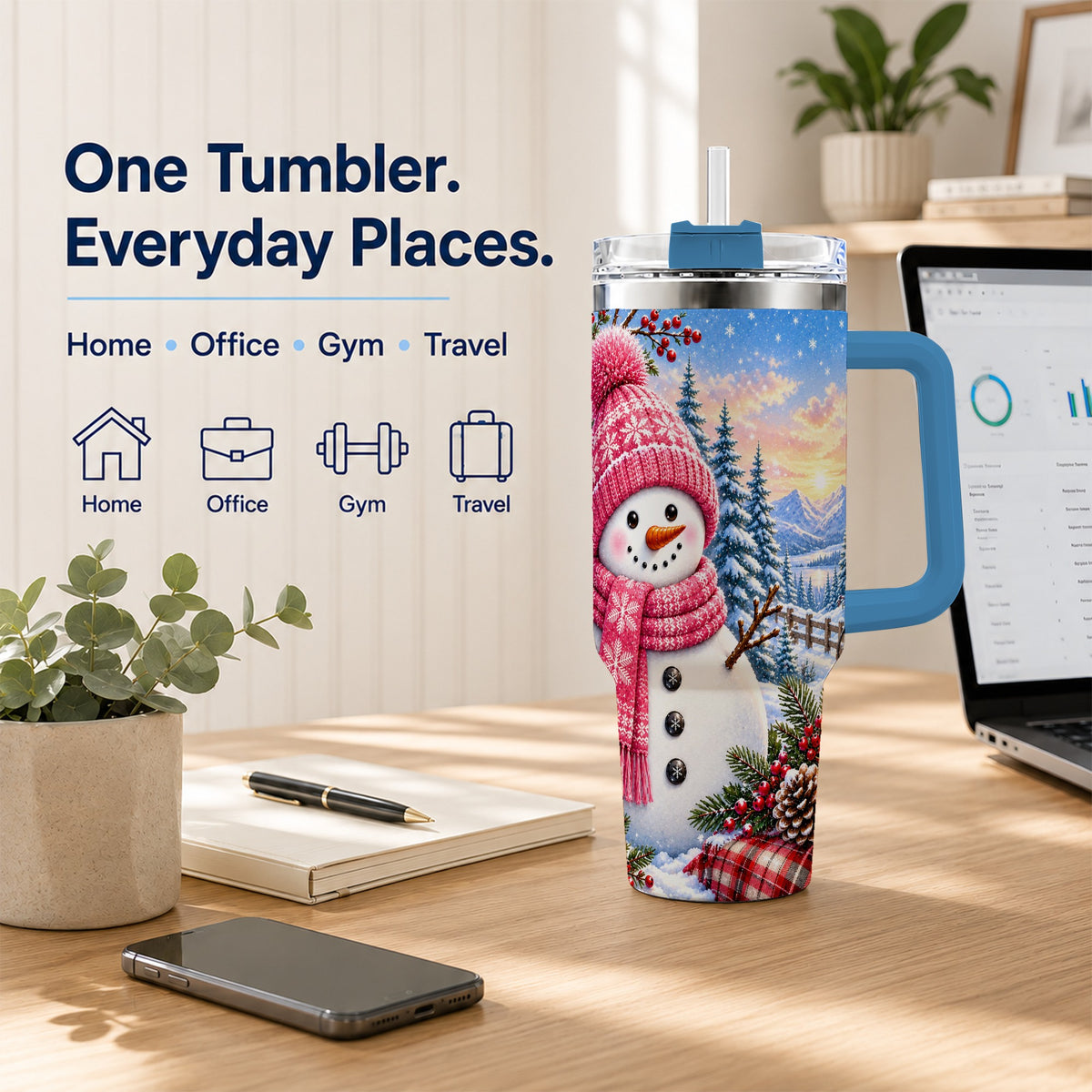 #pl[40oz|Blue] Pink Snowman 40oz Tumbler with Handle, Winter Stainless Steel Travel Cup