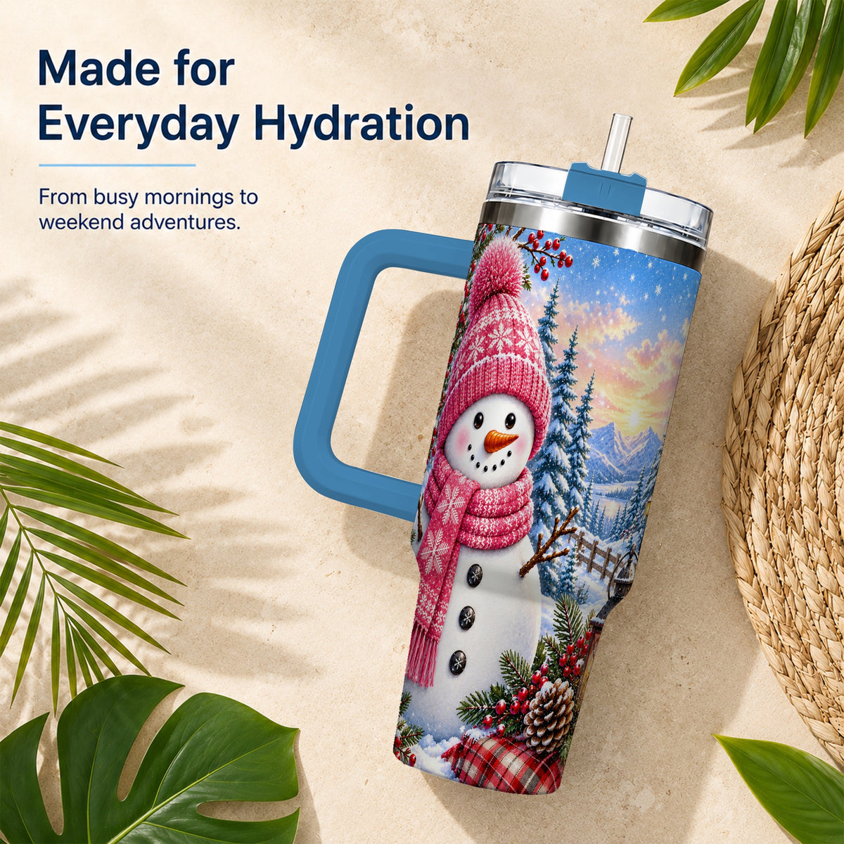 #pl[40oz|Blue] Pink Snowman 40oz Tumbler with Handle, Winter Stainless Steel Travel Cup