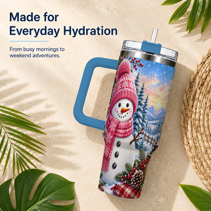 #pl[40oz|Blue] Pink Snowman 40oz Tumbler with Handle, Winter Stainless Steel Travel Cup