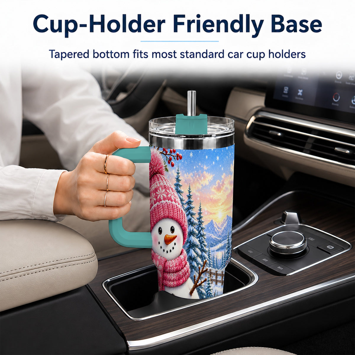 #pl[40oz|Green] Pink Snowman 40oz Tumbler with Handle, Winter Stainless Steel Travel Cup