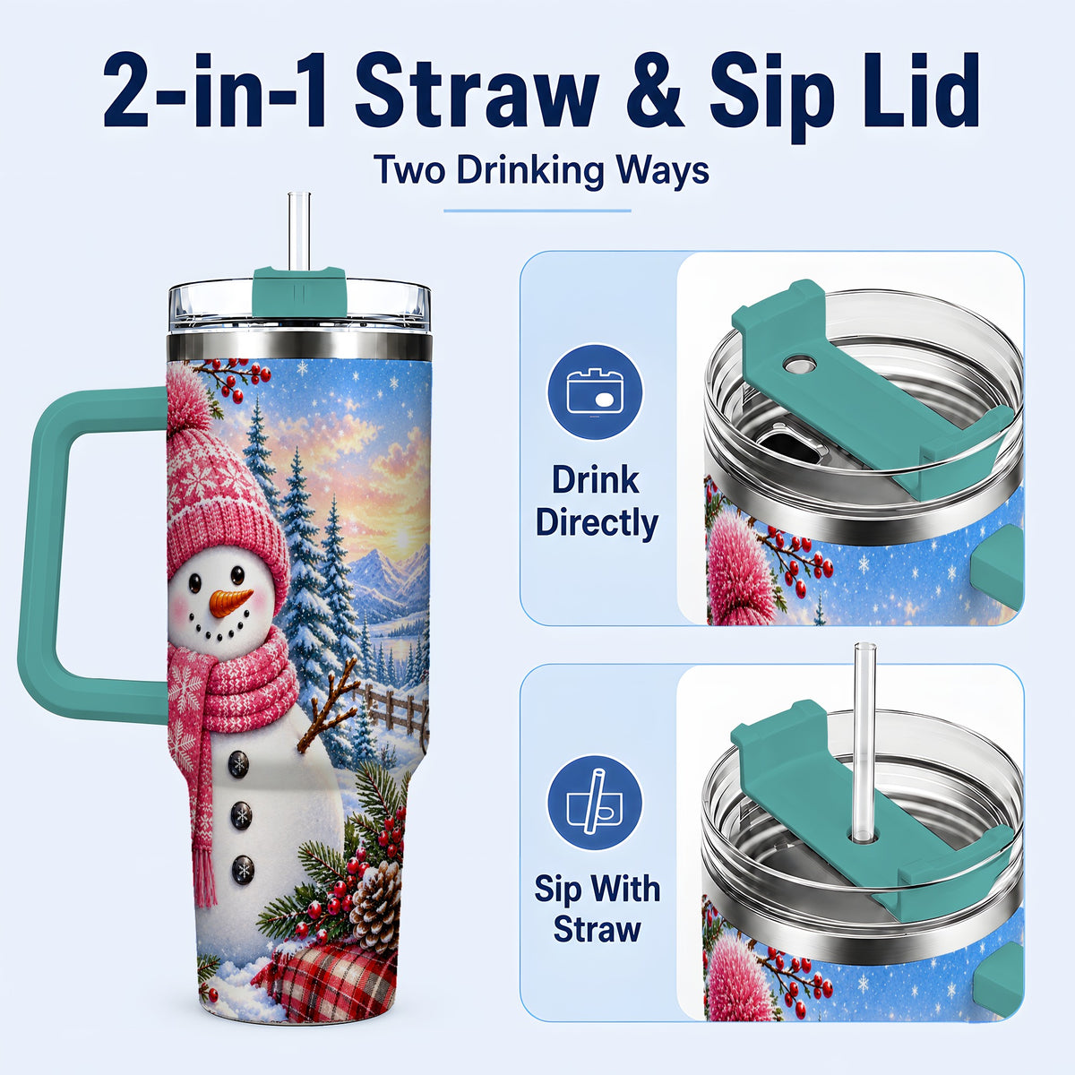 #pl[40oz|Green] Pink Snowman 40oz Tumbler with Handle, Winter Stainless Steel Travel Cup