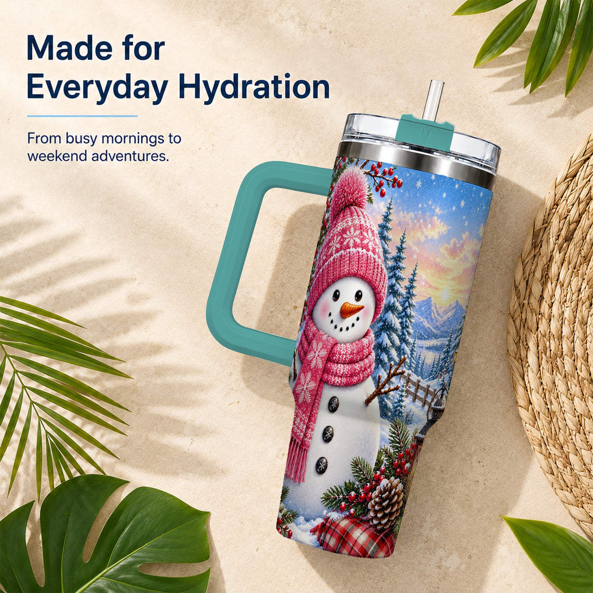 #pl[40oz|Green] Pink Snowman 40oz Tumbler with Handle, Winter Stainless Steel Travel Cup