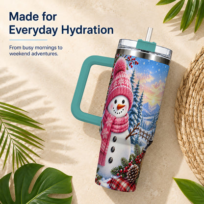 #pl[40oz|Green] Pink Snowman 40oz Tumbler with Handle, Winter Stainless Steel Travel Cup