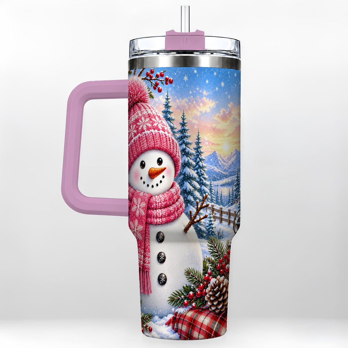 #pl[40oz|Pink] Pink Snowman 40oz Tumbler with Handle, Winter Stainless Steel Travel Cup