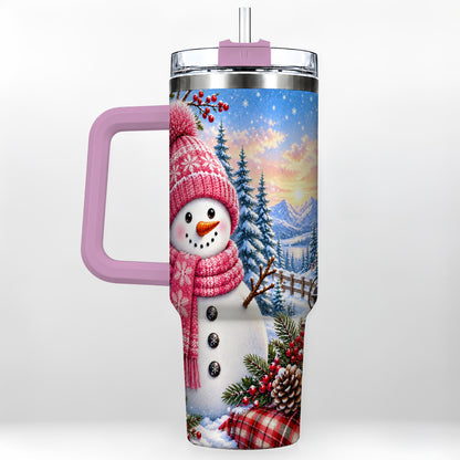 #pl[40oz|Pink] Pink Snowman 40oz Tumbler with Handle, Winter Stainless Steel Travel Cup
