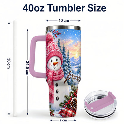 #pl[40oz|Pink] Pink Snowman 40oz Tumbler with Handle, Winter Stainless Steel Travel Cup
