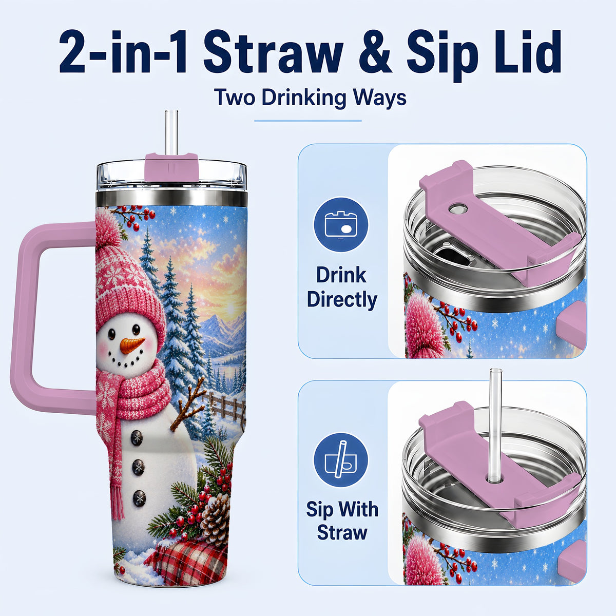 #pl[40oz|Pink] Pink Snowman 40oz Tumbler with Handle, Winter Stainless Steel Travel Cup