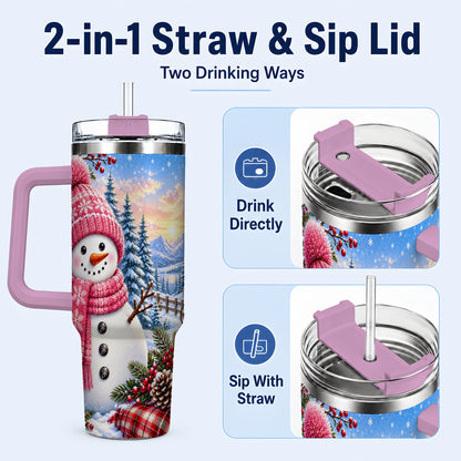 #pl[40oz|Pink] Pink Snowman 40oz Tumbler with Handle, Winter Stainless Steel Travel Cup