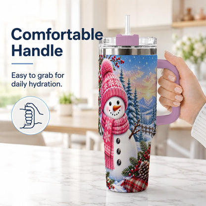 #pl[40oz|Pink] Pink Snowman 40oz Tumbler with Handle, Winter Stainless Steel Travel Cup