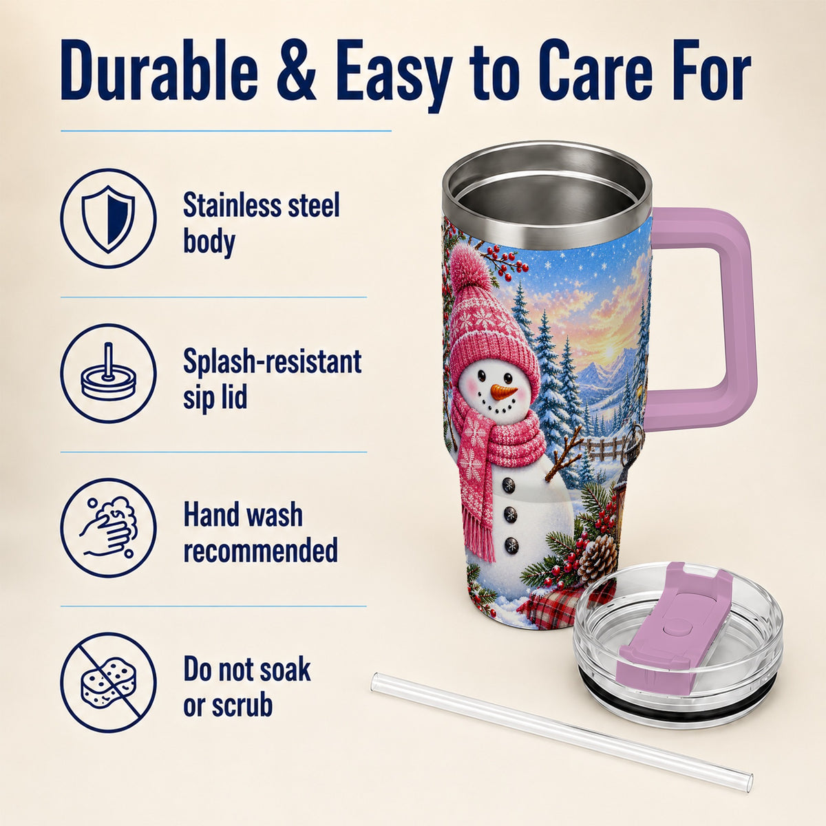 #pl[40oz|Pink] Pink Snowman 40oz Tumbler with Handle, Winter Stainless Steel Travel Cup