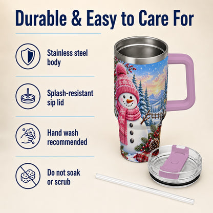 #pl[40oz|Pink] Pink Snowman 40oz Tumbler with Handle, Winter Stainless Steel Travel Cup