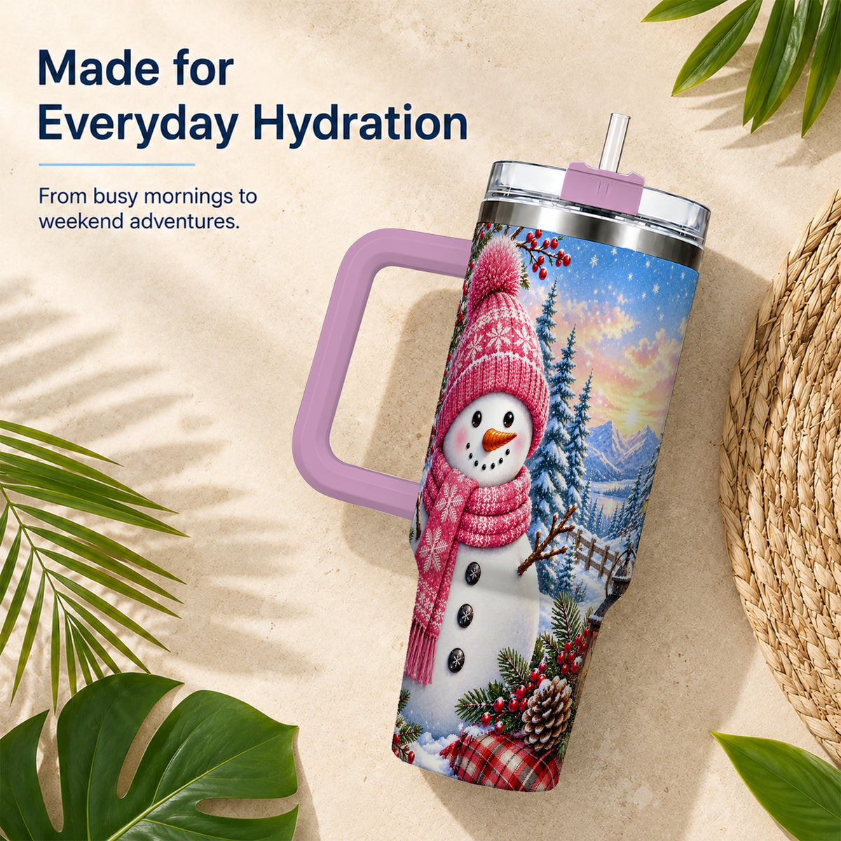 #pl[40oz|Pink] Pink Snowman 40oz Tumbler with Handle, Winter Stainless Steel Travel Cup