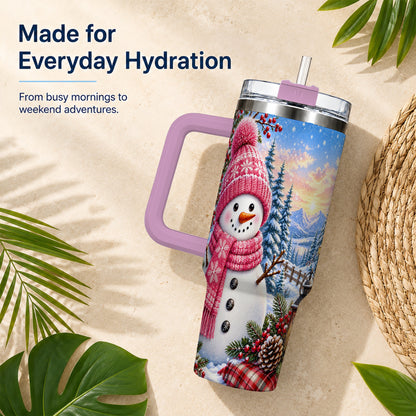 #pl[40oz|Pink] Pink Snowman 40oz Tumbler with Handle, Winter Stainless Steel Travel Cup