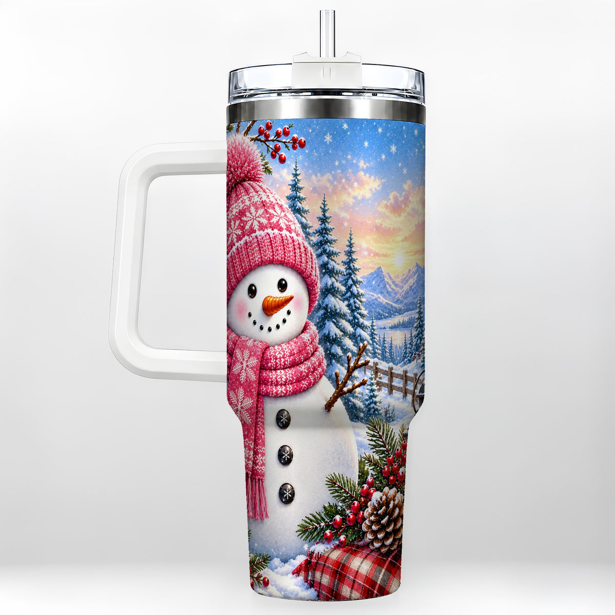 Pink Snowman 40oz Tumbler with Handle, Winter Stainless Steel Travel Cup