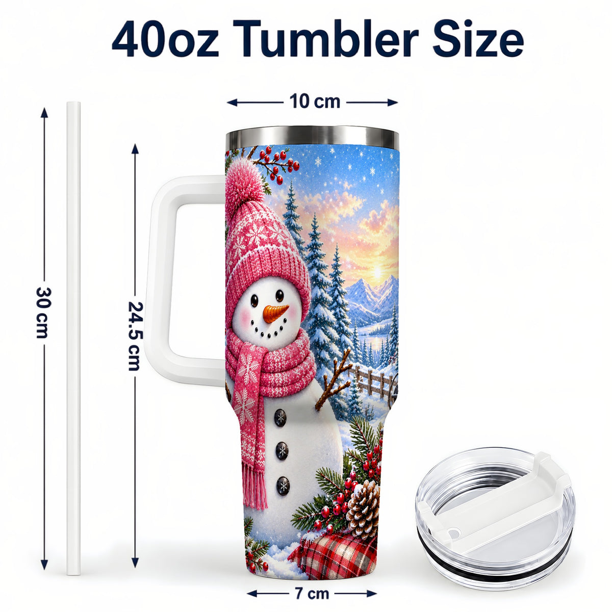 #pl[40oz|White] Pink Snowman 40oz Tumbler with Handle, Winter Stainless Steel Travel Cup