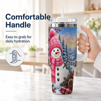 #pl[40oz|White] Pink Snowman 40oz Tumbler with Handle, Winter Stainless Steel Travel Cup