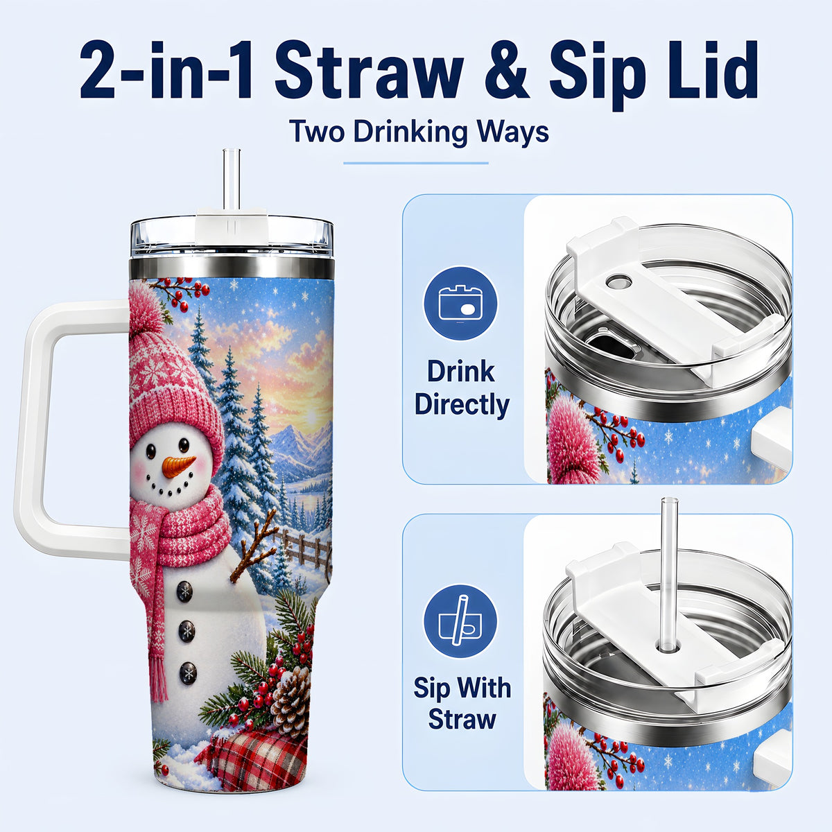 #pl[40oz|White] Pink Snowman 40oz Tumbler with Handle, Winter Stainless Steel Travel Cup