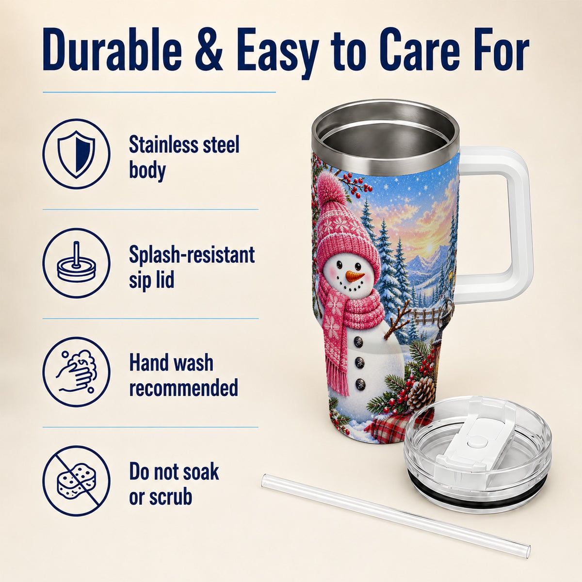 #pl[40oz|White] Pink Snowman 40oz Tumbler with Handle, Winter Stainless Steel Travel Cup