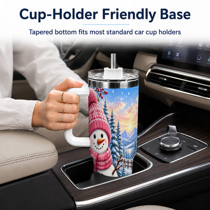 #pl[40oz|White] Pink Snowman 40oz Tumbler with Handle, Winter Stainless Steel Travel Cup