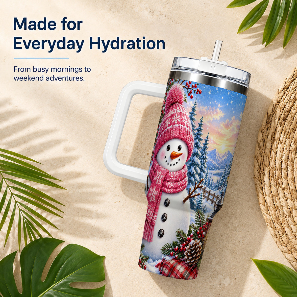 #pl[40oz|White] Pink Snowman 40oz Tumbler with Handle, Winter Stainless Steel Travel Cup