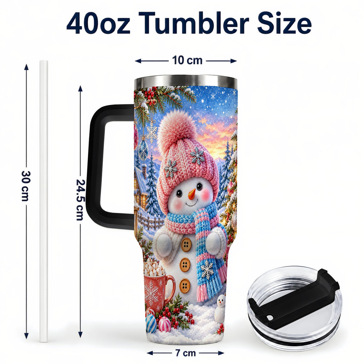 #pl[40oz|Black] Cute Snowman 40oz Tumbler with Handle, Holiday Stainless Steel Travel Cup