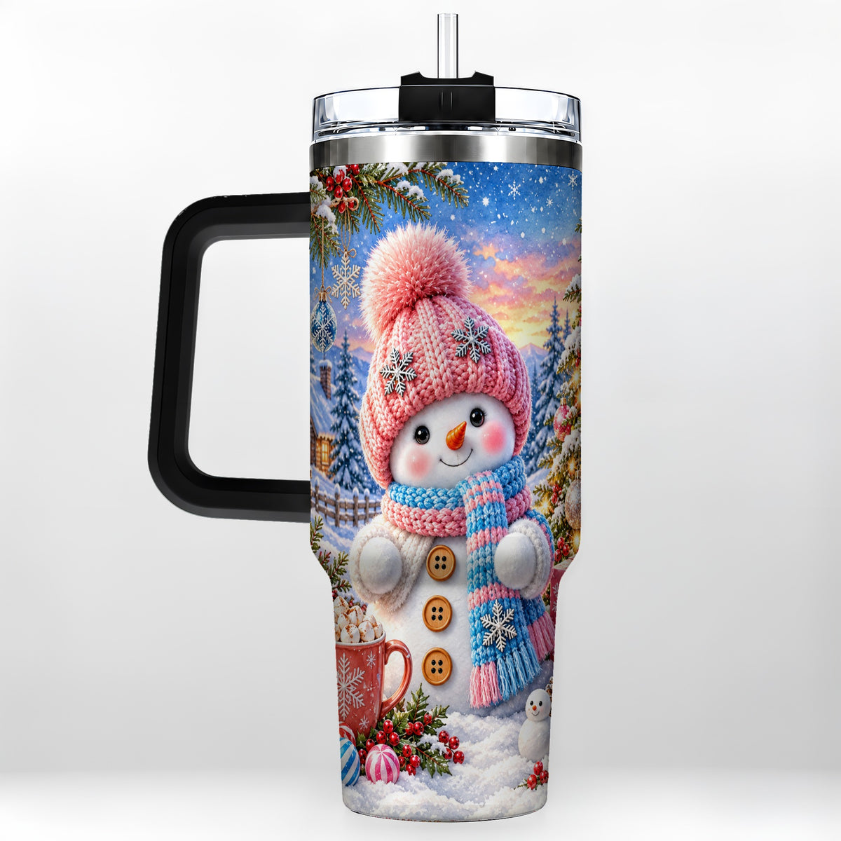#pl[40oz|Black] Cute Snowman 40oz Tumbler with Handle, Holiday Stainless Steel Travel Cup