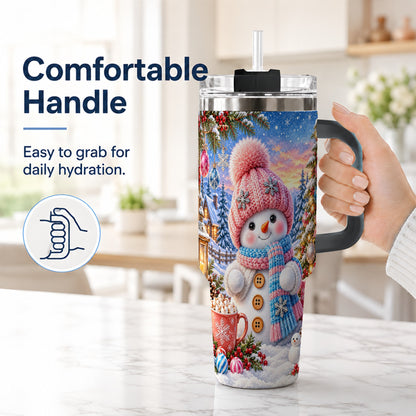 #pl[40oz|Black] Cute Snowman 40oz Tumbler with Handle, Holiday Stainless Steel Travel Cup