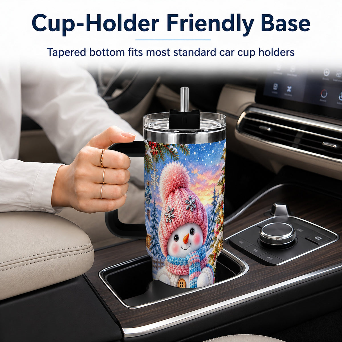 #pl[40oz|Black] Cute Snowman 40oz Tumbler with Handle, Holiday Stainless Steel Travel Cup