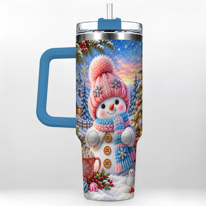#pl[40oz|Blue] Cute Snowman 40oz Tumbler with Handle, Holiday Stainless Steel Travel Cup